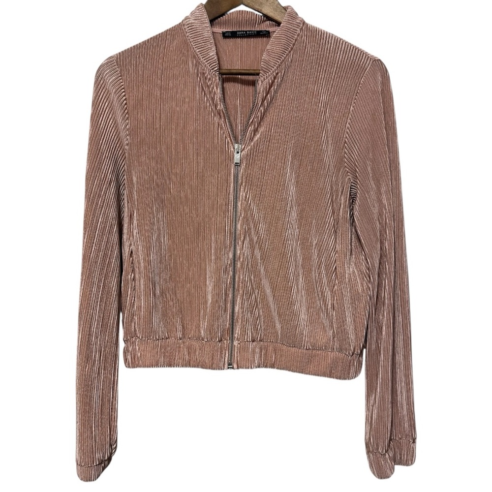 Zara Basic Satin Pleated Bomber Jacket Women’s Small Blush Pink Tracksuit Y2K - Picture 2 of 9